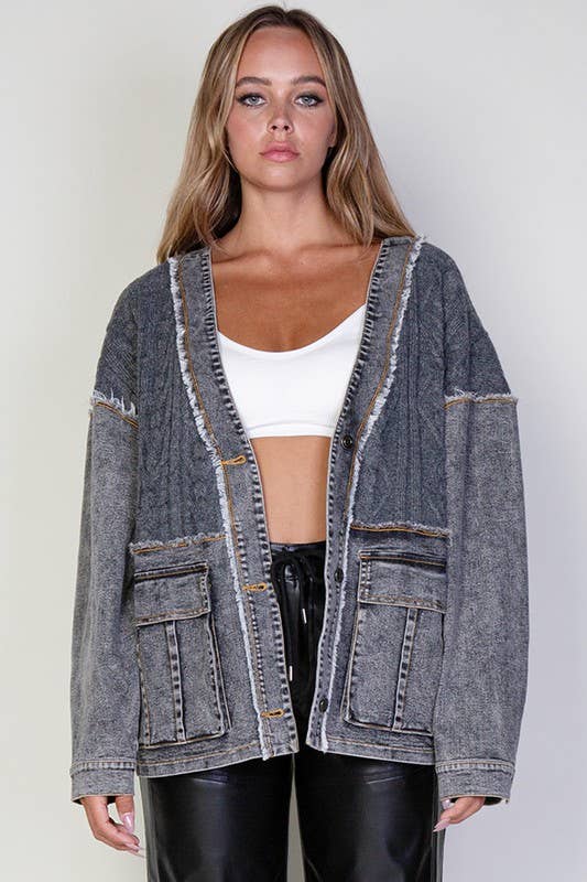 Grey Wash Cable Knitted Sweater & Denim Jean Cardigan Jacket for wholesale on Faire8