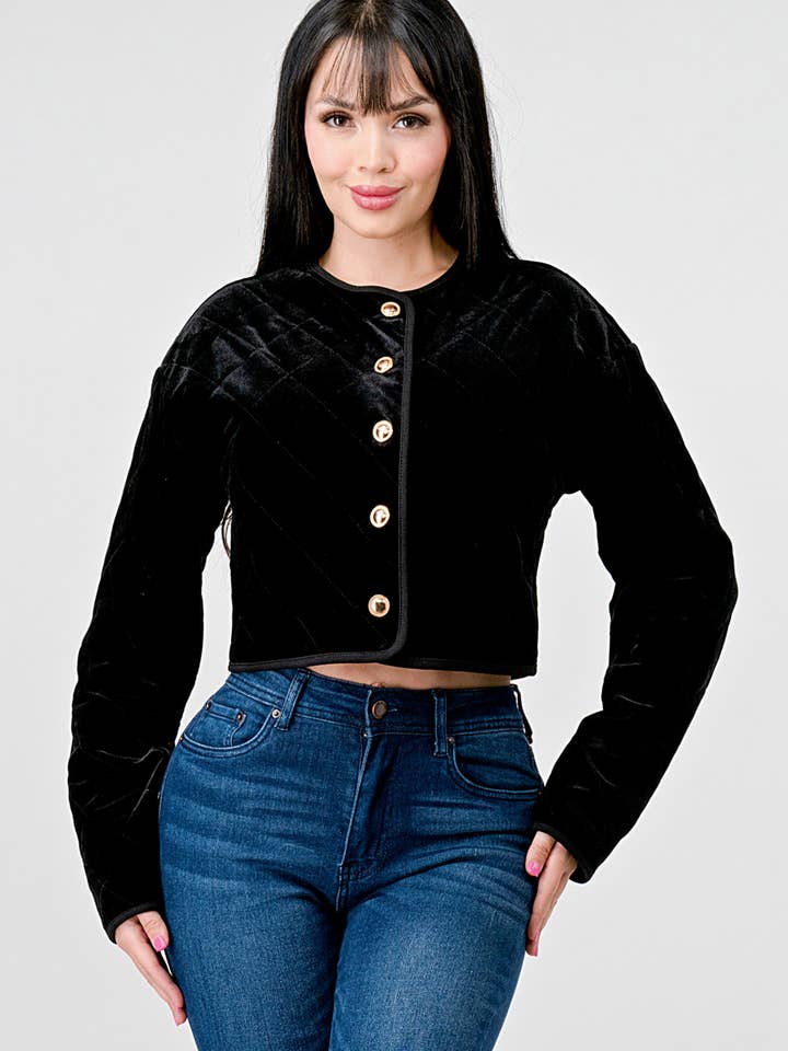 CLASSY VELVET QUILTED BUTTON FRONT JACKET for wholesale by PRIVY