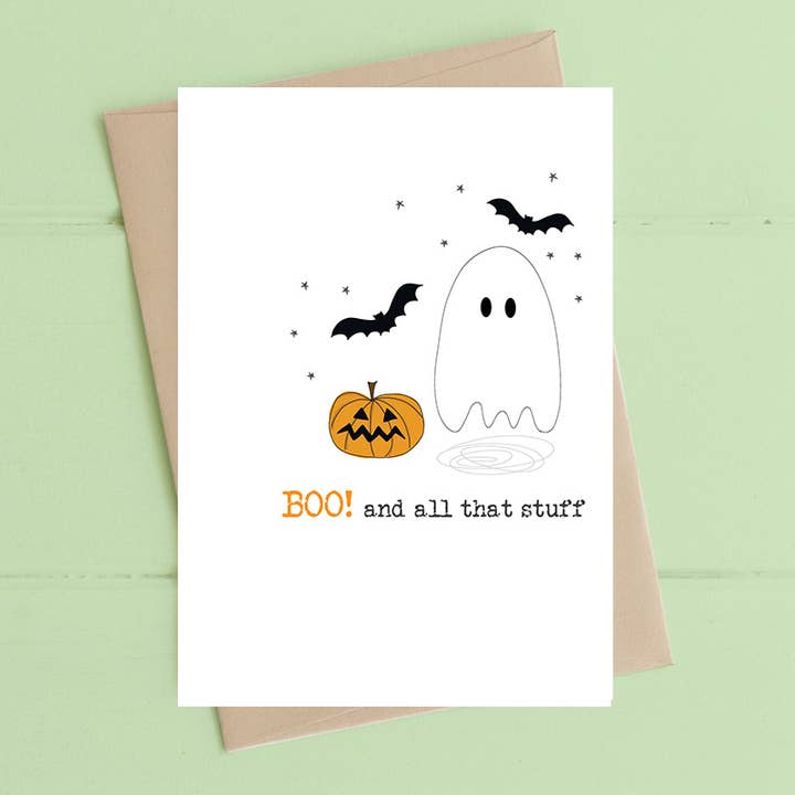 Boo e tutte quelle cose - Fantasma e zucca - Biglietto di auguri per la vendita all'ingrosso da parte di Dandelion Stationery