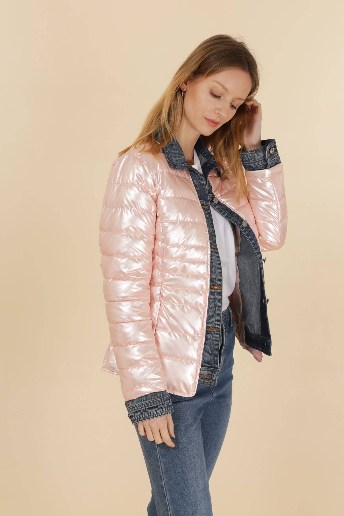 Attrait Paris - Wholesale Pufferjack - Dames - Kenza metalen jeansjack van twee materialen62