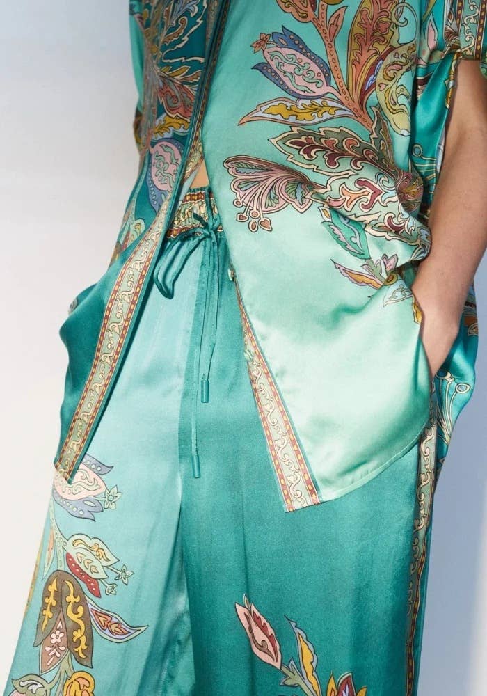 Cyan Satin Unique Retro Flower Print Shirt And Pants Set for wholesale on Faire3