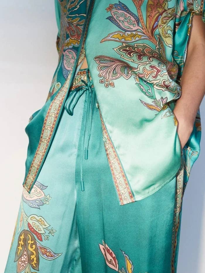 Cyan Satin Unique Retro Flower Print Shirt And Pants Set for wholesale on Faire3