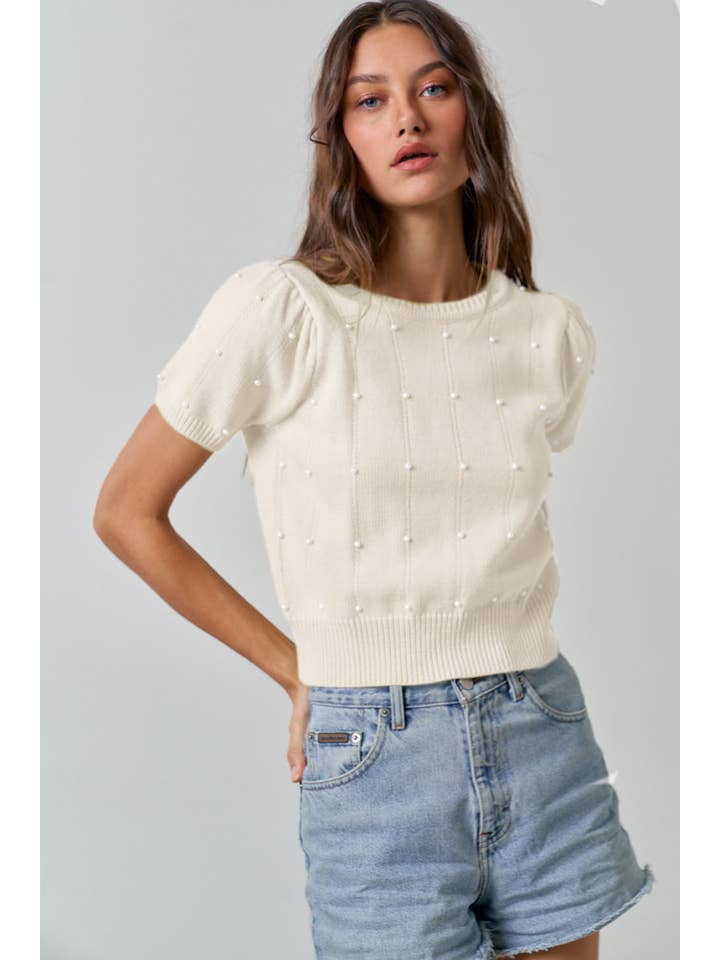 Lalavon - Wholesale Knit Top - Women's - ILT3051Â SWEATER SHORT SLEEVE TOP WITH PEARL DETAIL