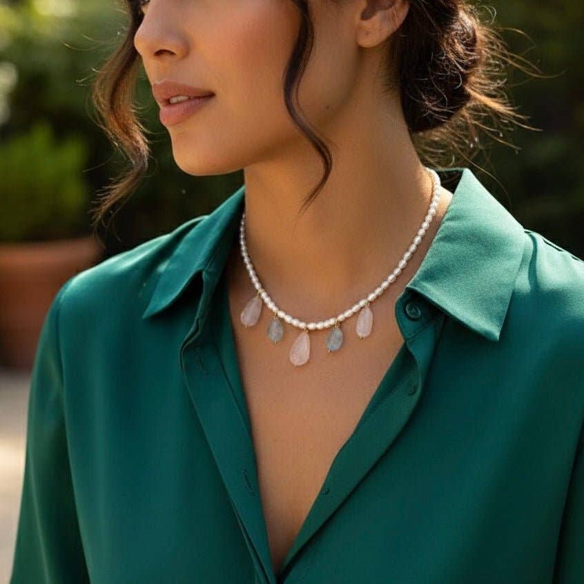 OE! - Wholesale Beaded/Pearl Necklace - SPRING – Necklace with Aquamarine, Rose Quartz, and Pearls0