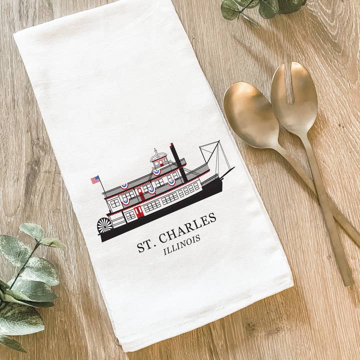 Op maat gemaakt peddelwiel Riverboat City/State - katoenen theedoek voor wholesale door Lissi Designs