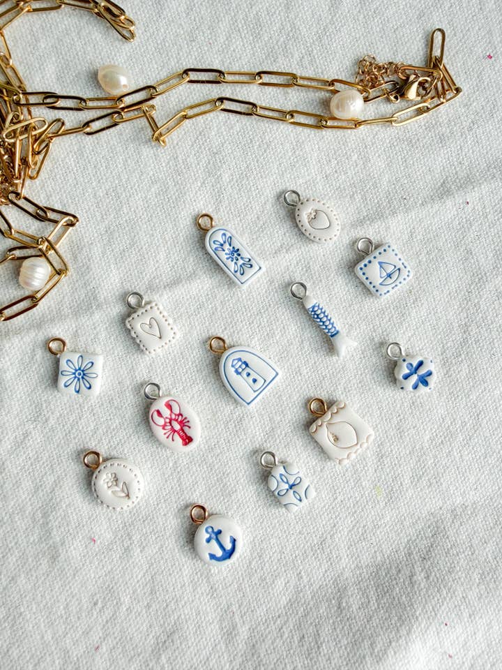 Blue and White Coastal Mini Polymer Clay Jewelry Charms for wholesale by Morning Dew Designs