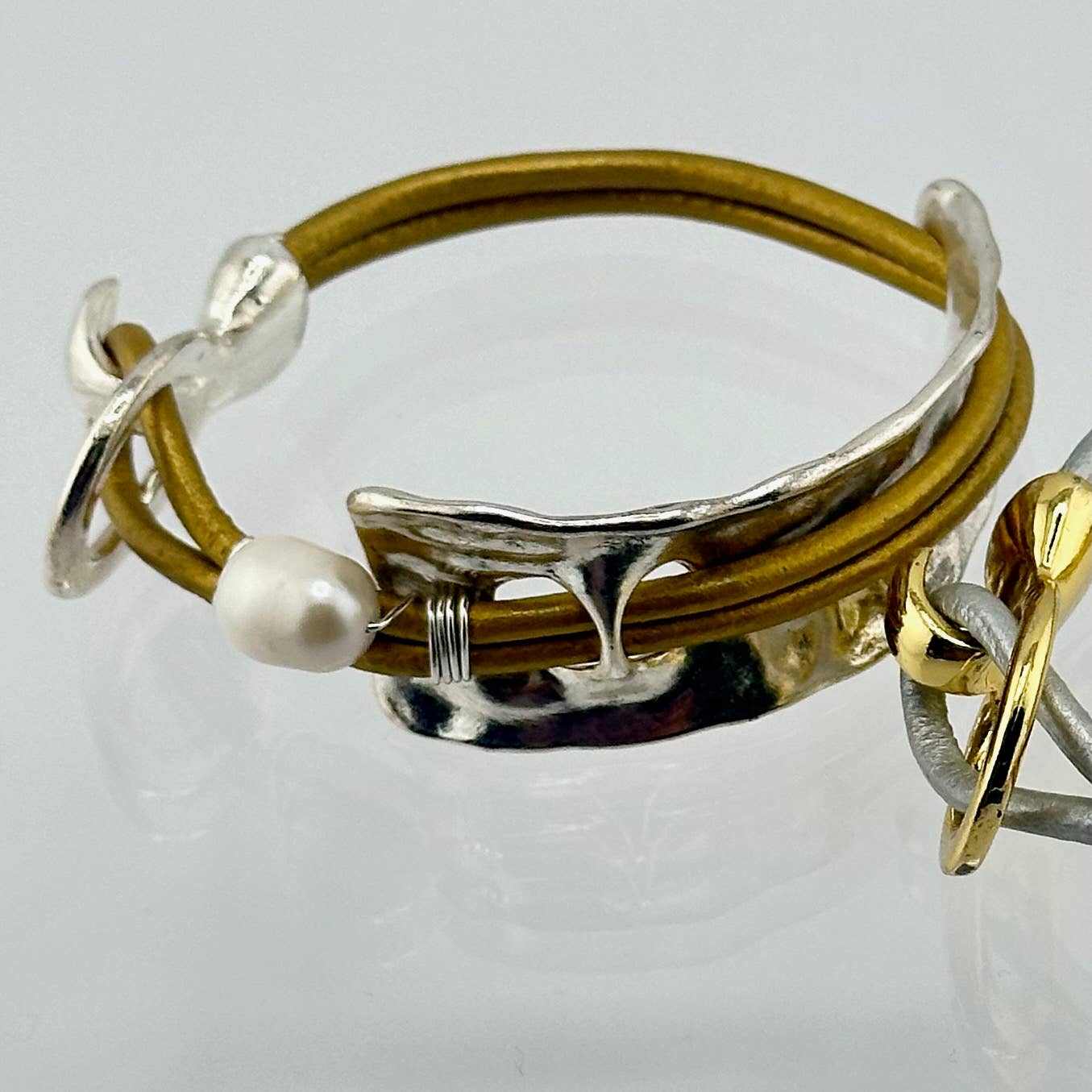 Beauty In Stone Jewelry - Wholesale Bangle Bracelet - Curved Cuff Bracelet With Leather & Pearl 3