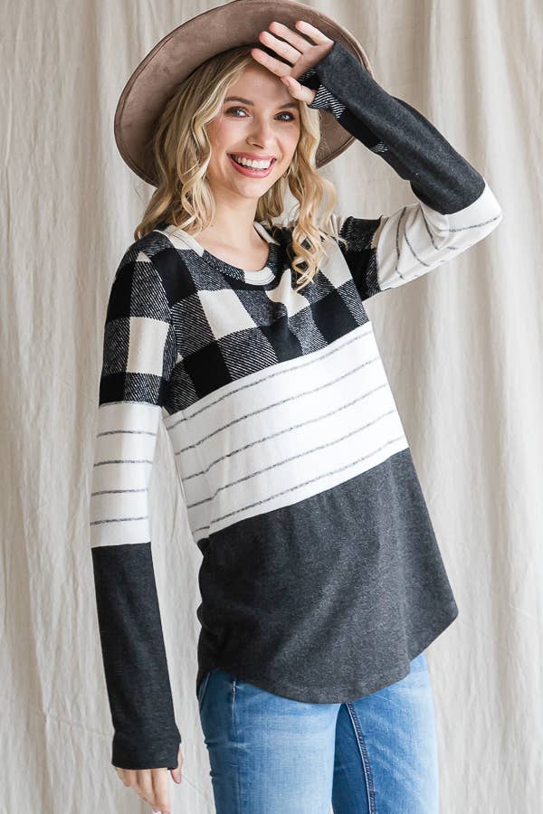 7th Ray - Wholesale Knit Top - Women's - Cozy Color Block Plaid Striped Thumbhole Pullover TopT4423-16