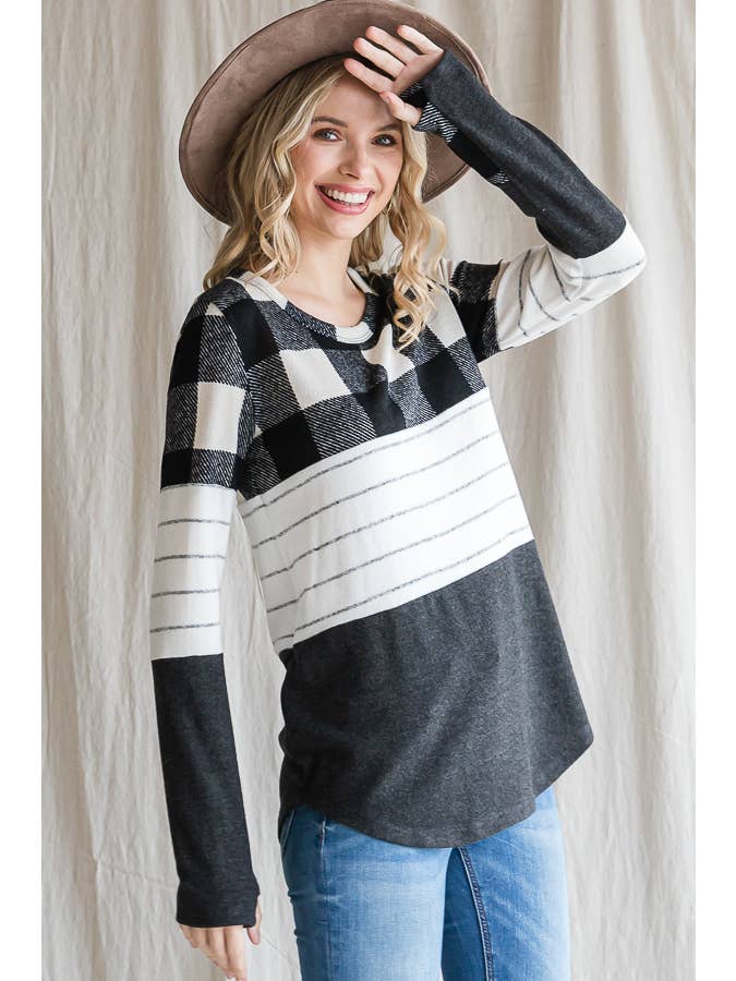 7th Ray - Wholesale Knit Top - Women's - Cozy Color Block Plaid Striped Thumbhole Pullover TopT4423-16