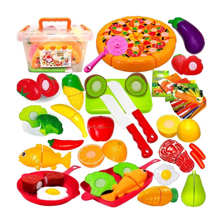 FUNERICA Play Kitchen Cutting Food Toys for Kids - Pretend Cutting Fruits, Vegetables, Cuttable Pizza Pie, Poultry and Fish, Toddler Play Kitchen Accessories with Pots and Utensils for wholesale by FUNERICA