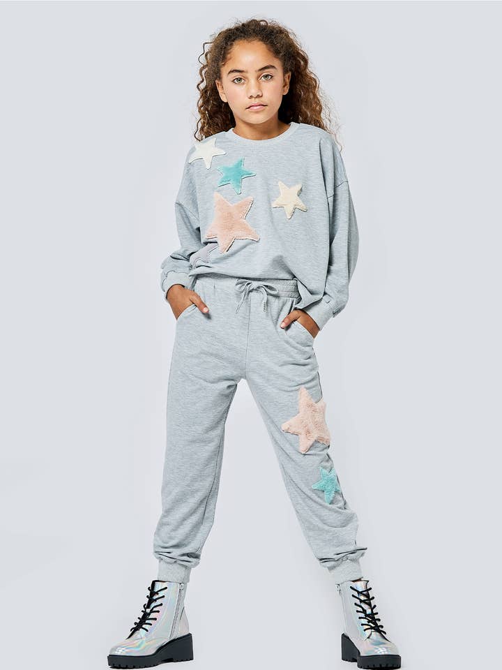 GREY JOGGERS WITH FAUX FUR STAR APPLIQUES for wholesale on Faire