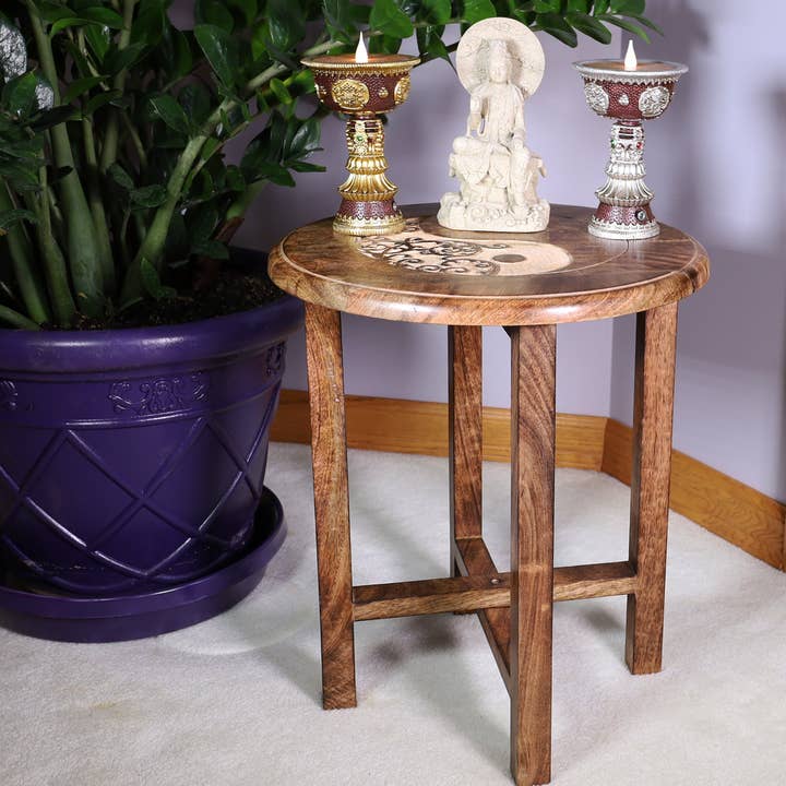 Lungta Imports - Wholesale Vase - Hand Carved Wooden Round Meditation Table. Altar Table. Prayer Table. Puja. Shrine Table . Side or End Table 19 Inches High4