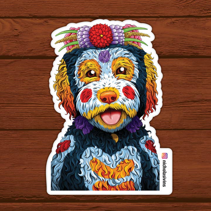 Autocollant Labradoodle « Jour des morts » pour chien - « Alfredo » pour la vente par Nicholas Ivins Art & Illustration