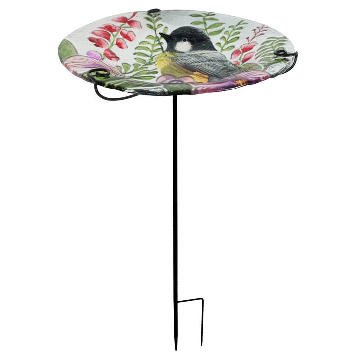 Colorful Glass Bird Bath Garden Stake with Chickadee Center for wholesale by Continental Art Center
