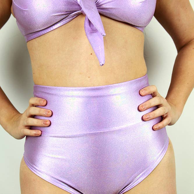 Pantaloncini elasticizzati brasiliani a vita super alta lilla scintillanti per la vendita all'ingrosso da parte di Rarr Designs