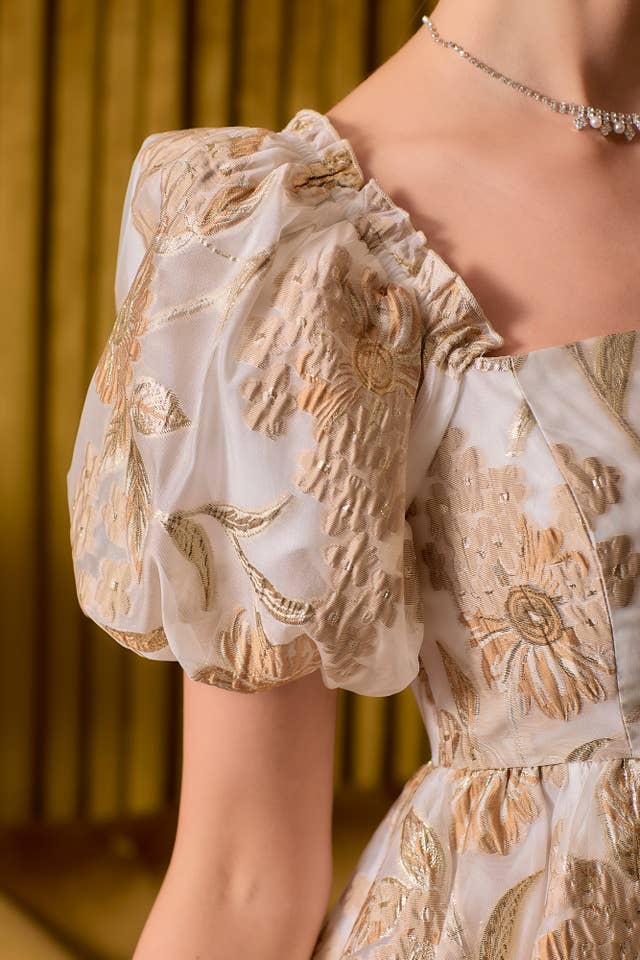 WHITE GOLD Lurex Jacquard Mini Puff Sleeve Dress for wholesale on Faire