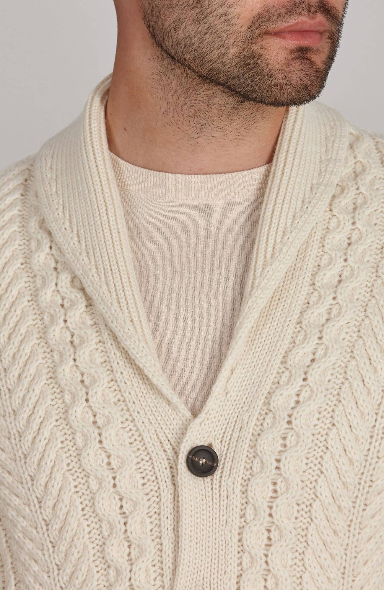 Paul James Knitwear - Wholesale Cardigan - Men's - Mens Chunky Merino Wool Shawl Collar Cable Cardigan3