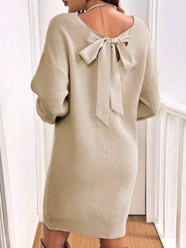Rosa Clothing - Wholesale Dress - Women's - Elegant Bowknot Drop Shoulder Knit Sweater Dress1