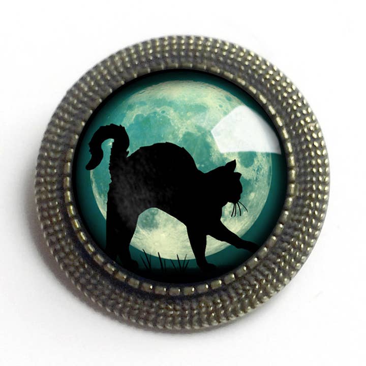 Black Cat on Blue Moon Goth Halloween Brooch for wholesale by The Divine Iguana