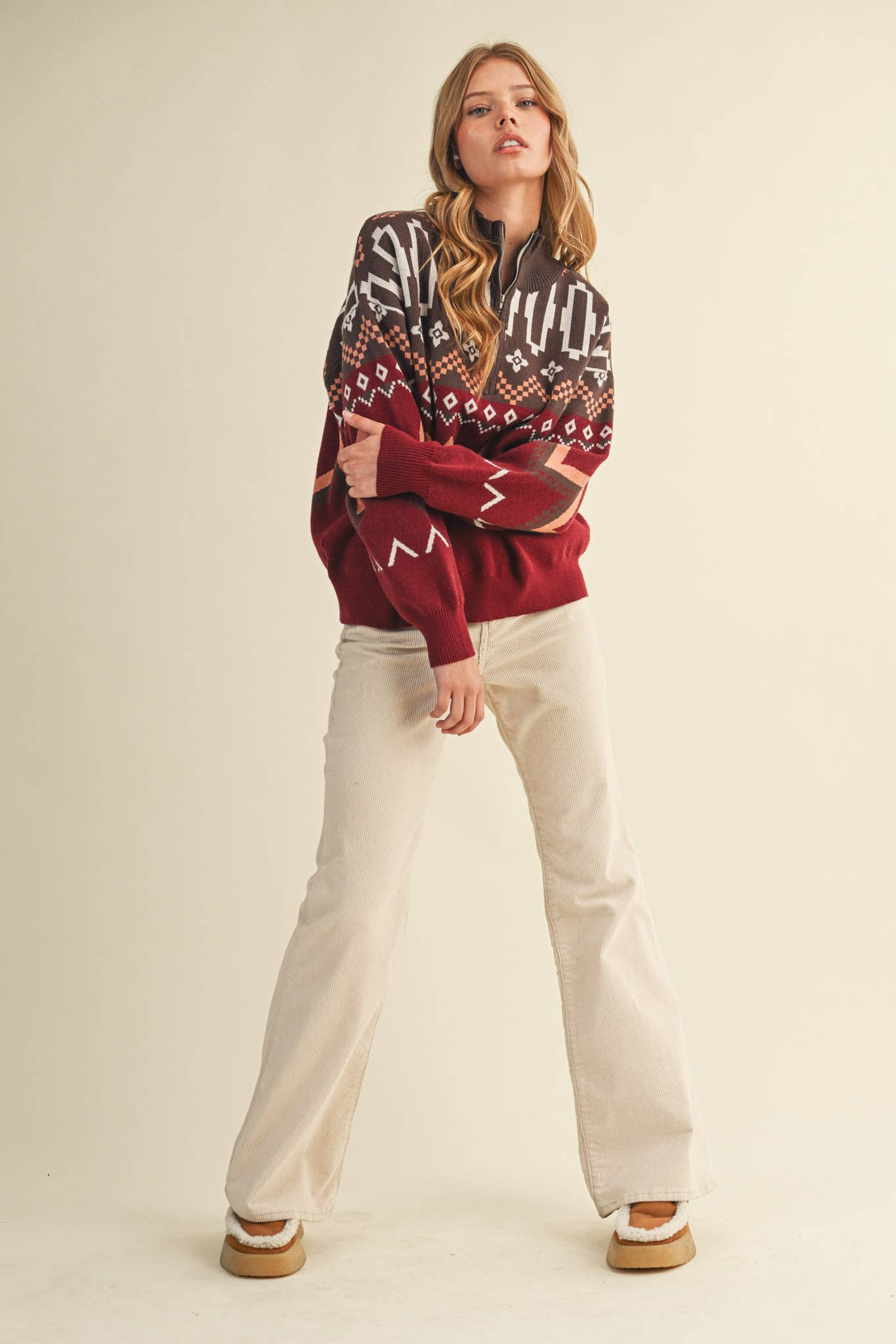 Burgundy Multi GEOMETRIC KNIT MOCK NECK HALF ZIP PULLOVER SWEATER MSW10885 for wholesale on Faire11