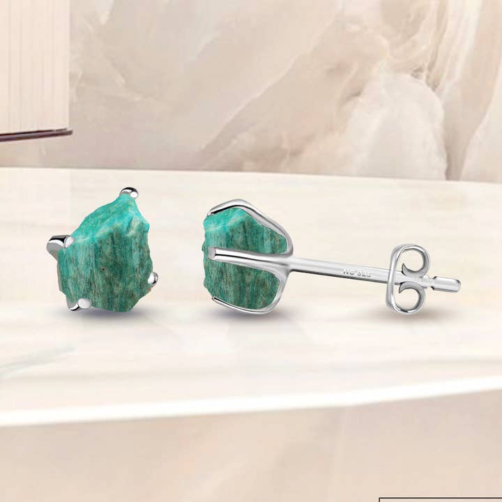 Natural Rough Amazonite Stud Earrings in Sterling Silver for wholesale by Nature Crafts