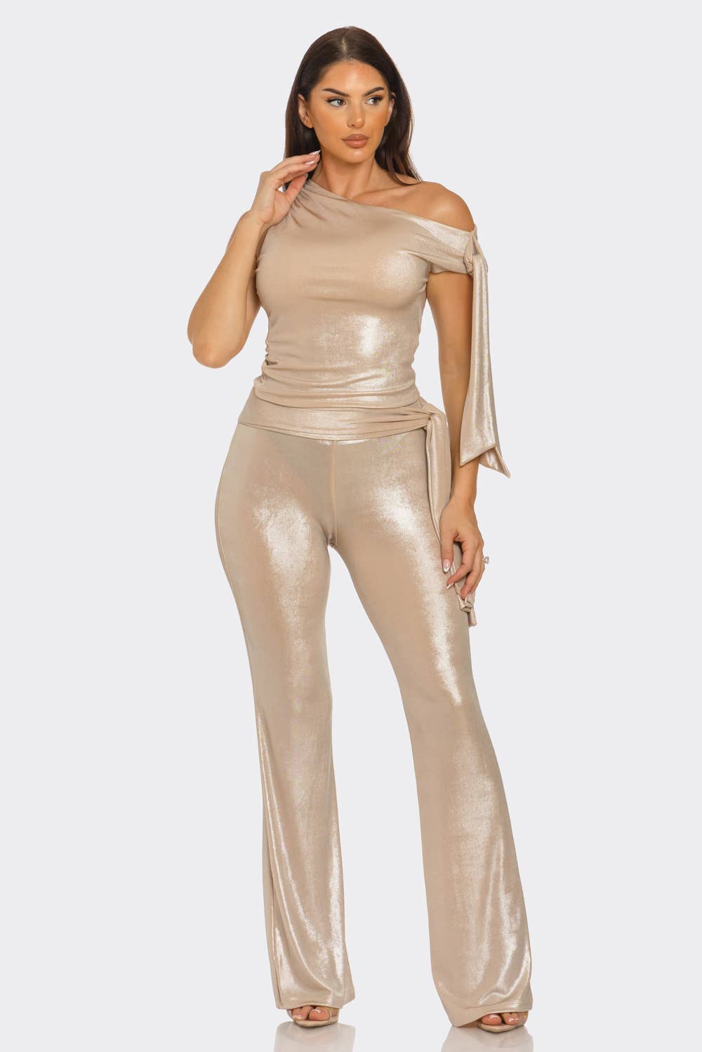 Julia by LoveJ – wholesale Top & pants set (NOT Loungewear) – Women's – Asymmetrical Shoulder Shirring Tie Top Pants Set