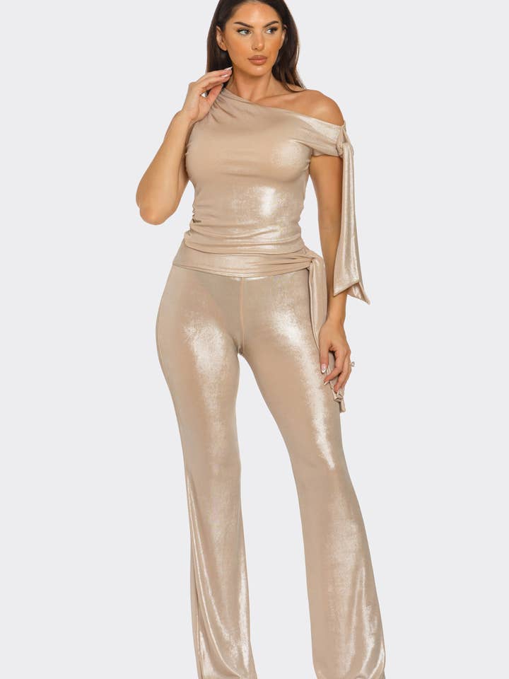 Julia by LoveJ - Wholesale Top & Pant Set (NOT Loungewear) - Women's - Asymmetrical Shoulder Shirring Tie Top Pants Set0