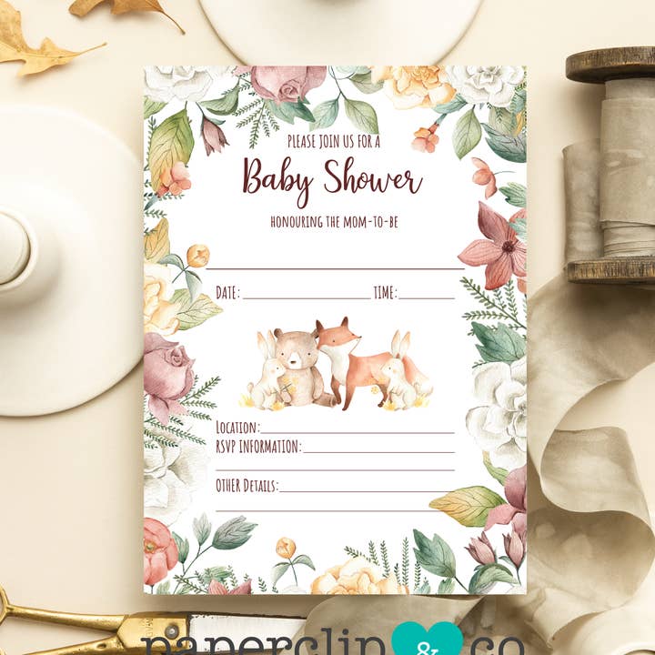 Baby Animals with Floral Border Baby Shower Invitation Set for wholesale by Paperclip & Co