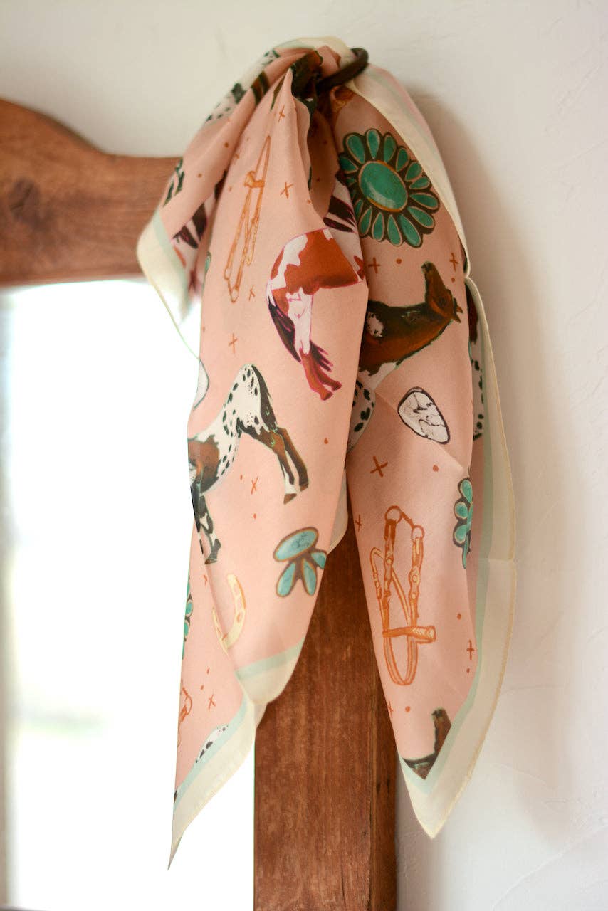 Tirzah Lane Art - Wholesale Scarf - Women's - Western Silk Wild Rag Horses and Turquoise Peach Scarf1