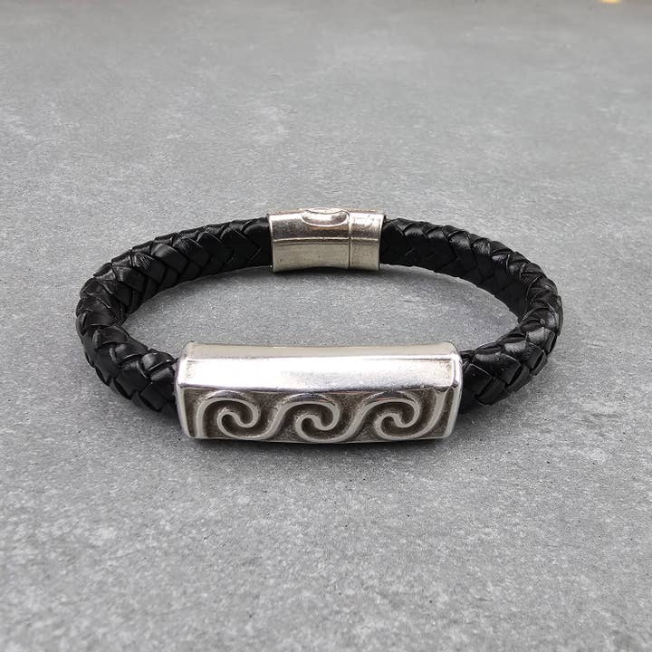 The Essence of Silver - Wholesale Bangle Bracelet - Men's or Women's Braided Leather Bracelet, Silver, Wave