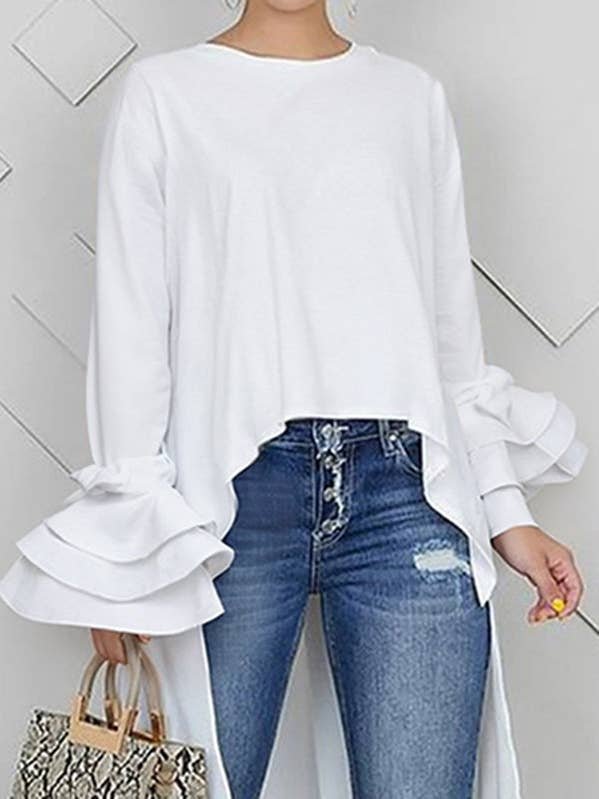 WHITE High-Low Loose Solid Color Split-Joint Tiered Round-Neck Blouses&Shirts Tops for wholesale on Faire1