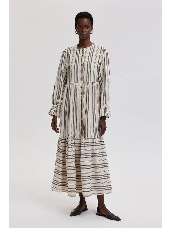 Beige STRIPED COTTON MAXI SHIRT DRESS WITH RUFFLED CUFFS for wholesale on Faire