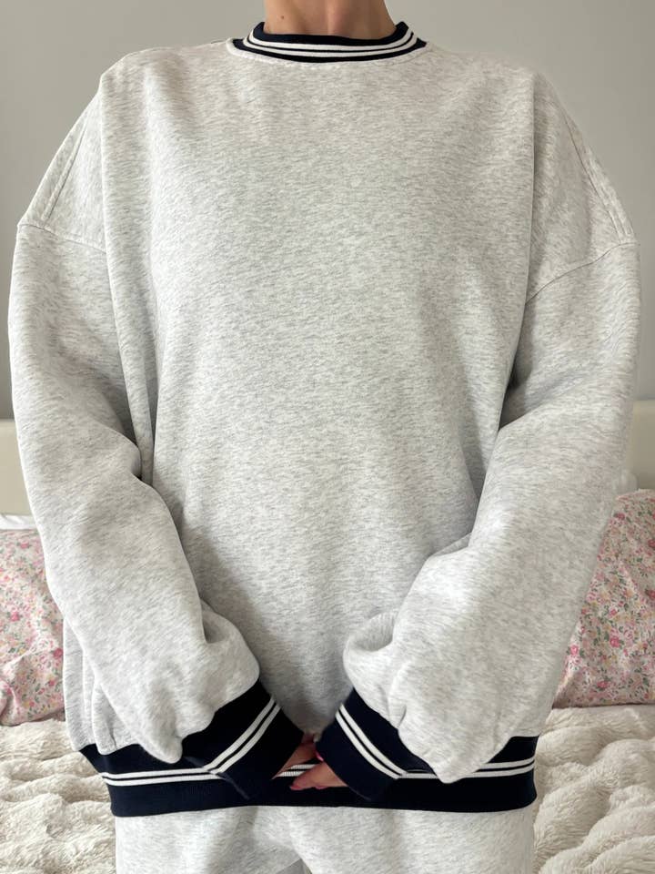 Blank Pearl Grey And Black Preppy Crew Sweatshirt for wholesale by Sunkissed Coconut