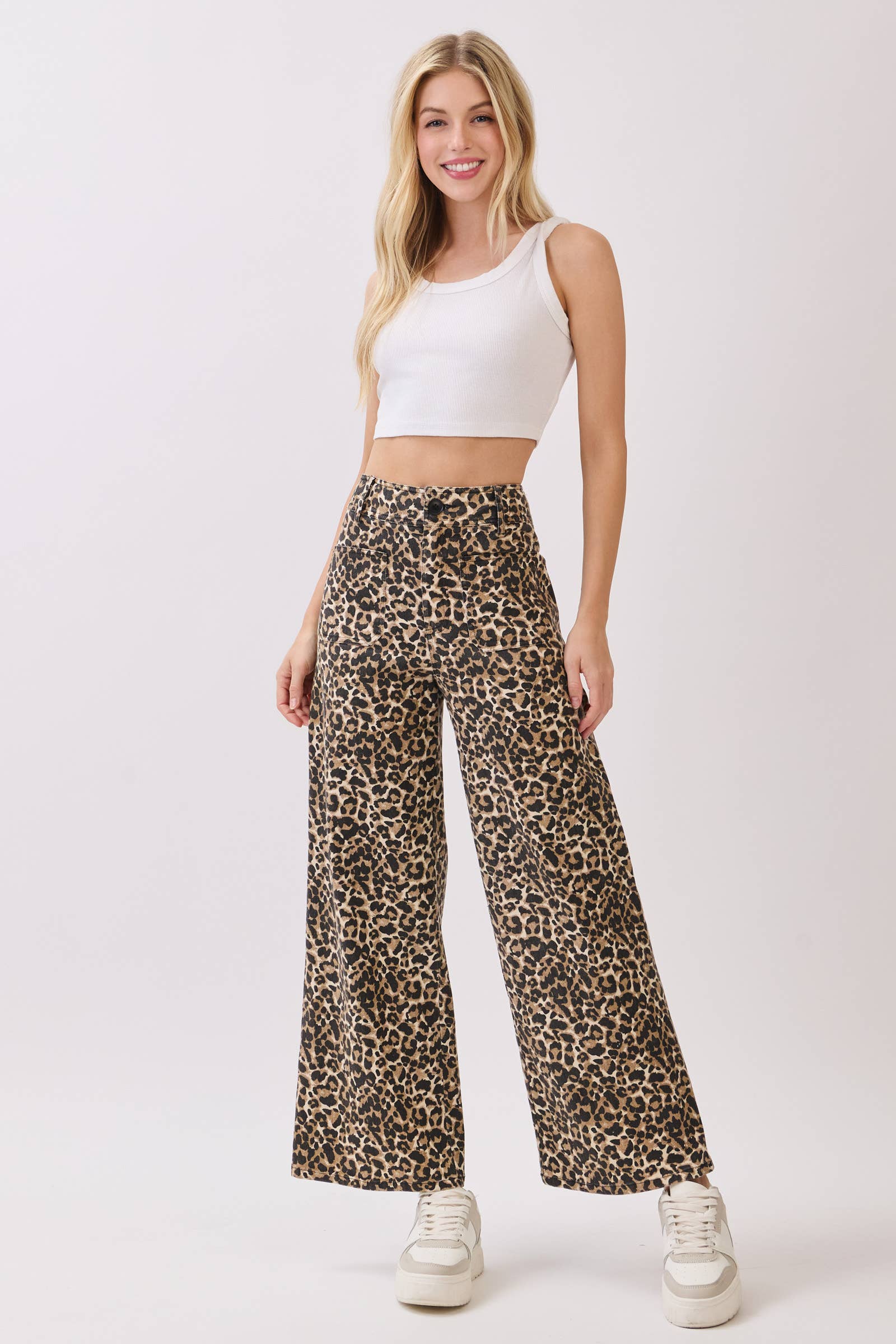 BROWN Stretch Twill Leopard Wide Leg Pants for wholesale on Faire8