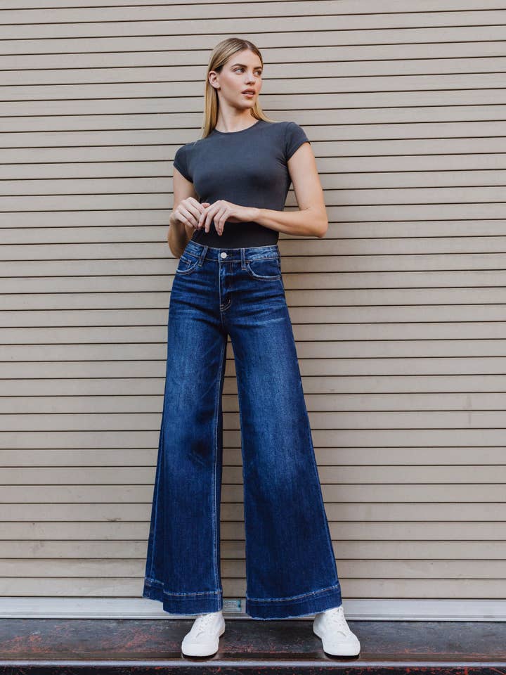 HIGH RISE DARK WASH FUSED WAISTBAND PALAZZO JEANS T7031 for wholesale by VERVET by FLYING MONKEY