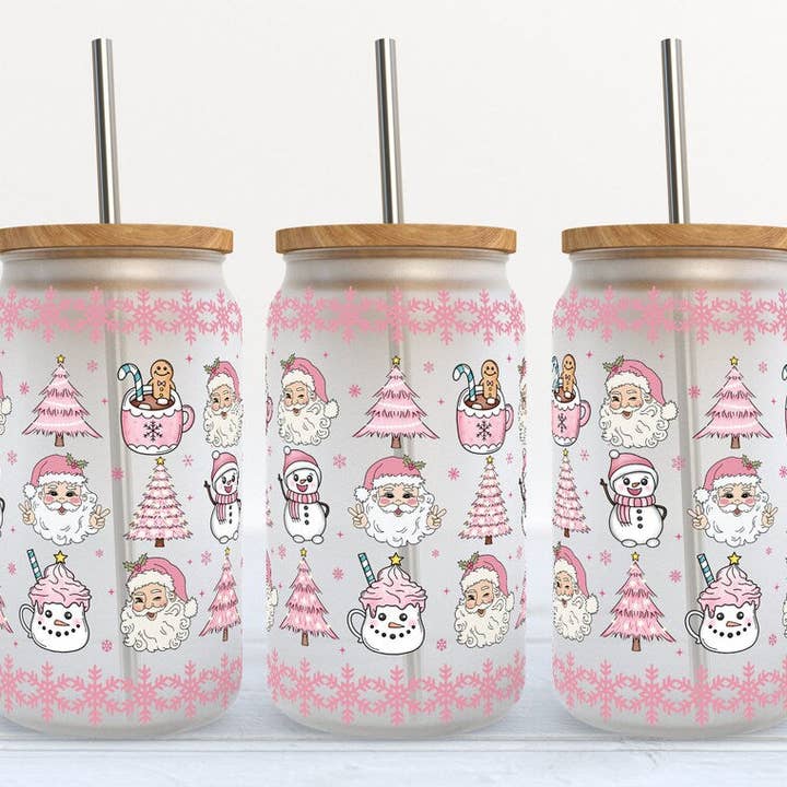 Pink Christmas 16oz Holiday Libbey Glass Tumbler for wholesale by Kate Haven Glass Tumblers for Every Occasion