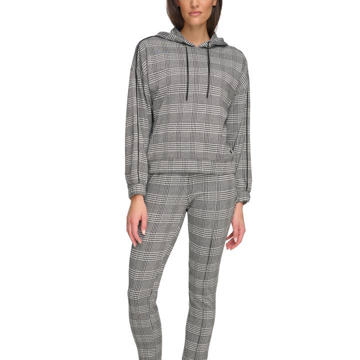 Glenplaid Hoodie with Black Piping Sleeve Detail for wholesale by Andrew Marc Sport