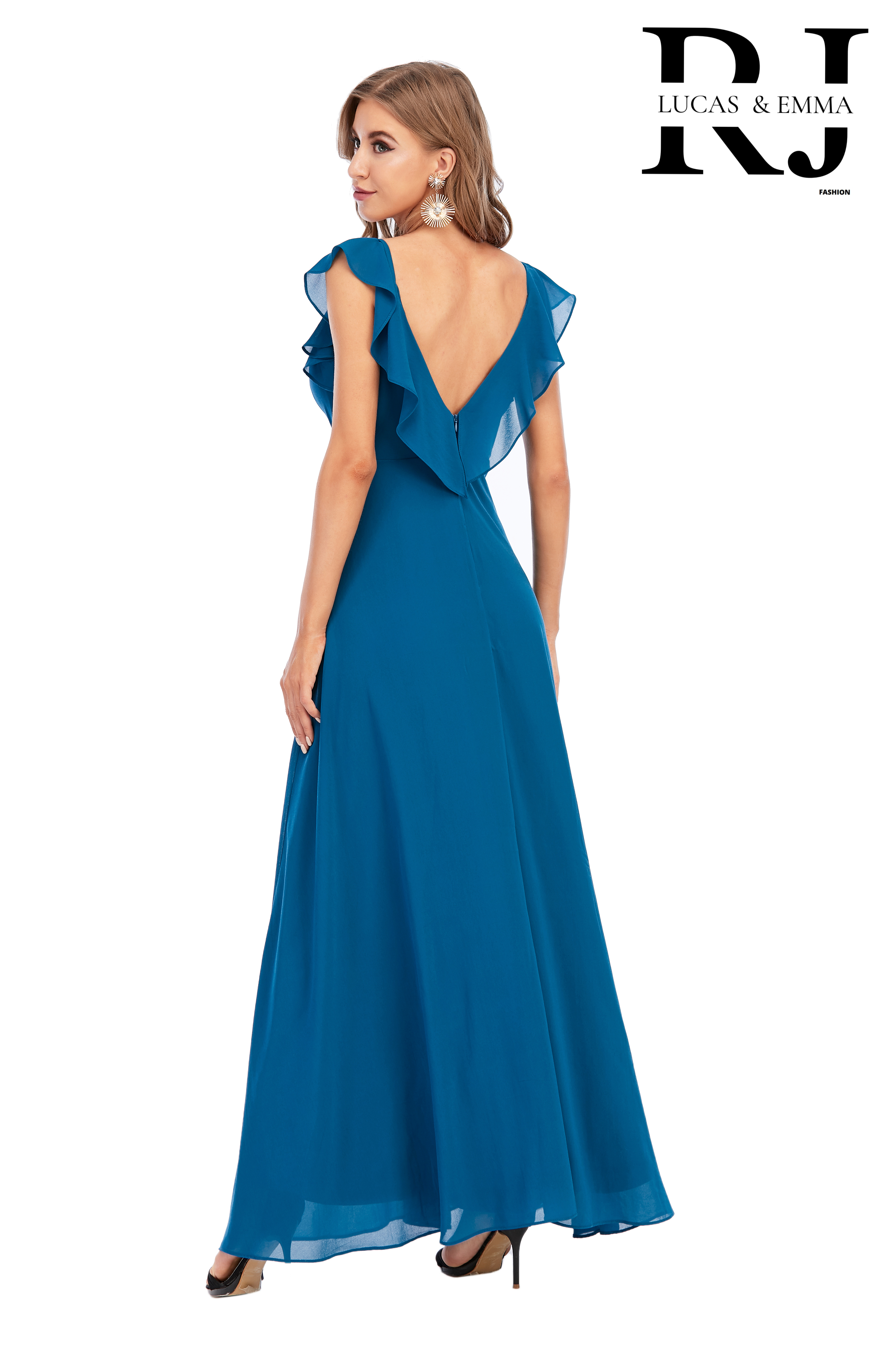 Lucas & Emma - Sarl RJ & co - Wholesale Gown - Women's - Evening ceremony dress with slit and flutter sleeves 13888