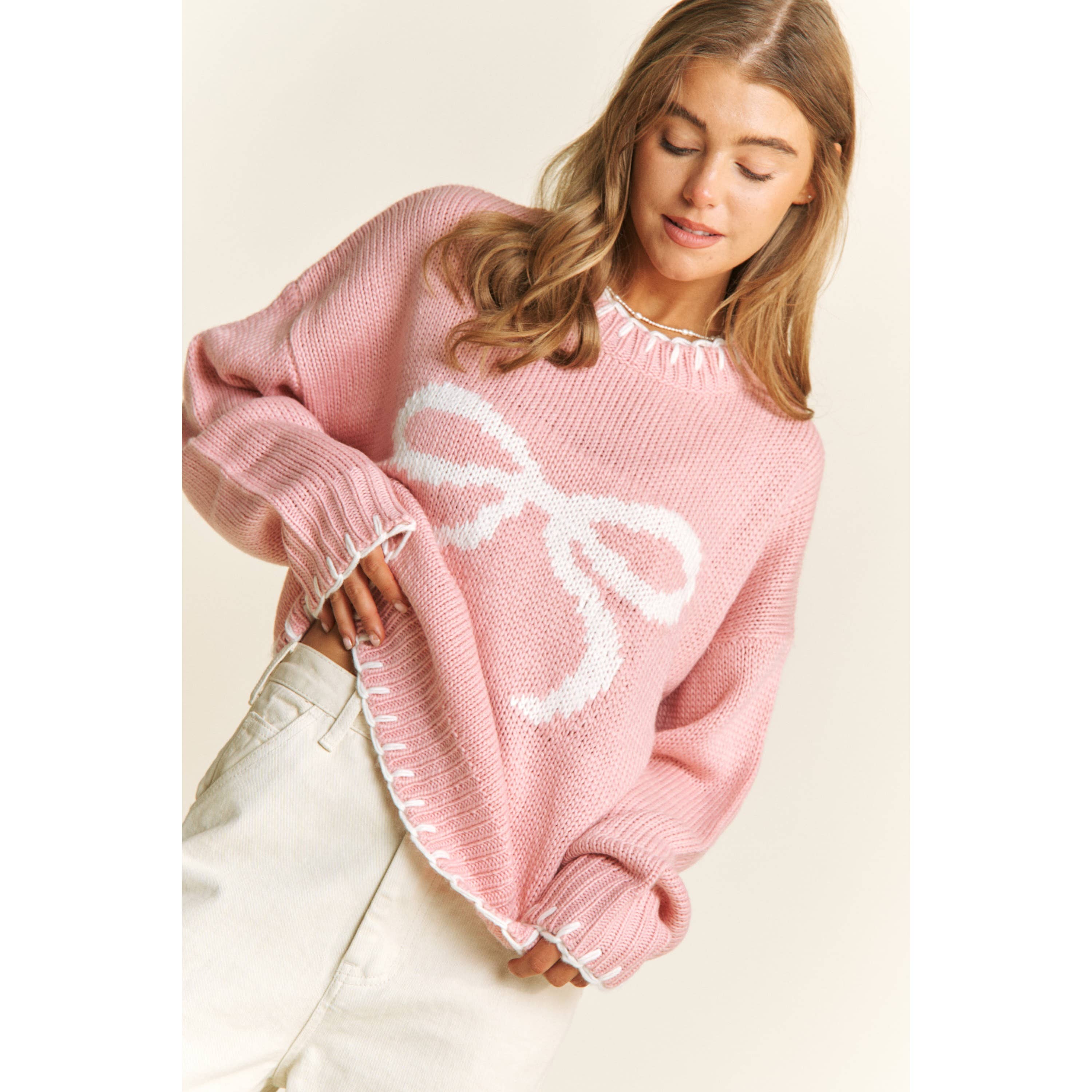 Sweet Generis - Vente Pull en maille – femme - Pull col rond de fête avec gros nœud et surpiqûres contrastées4