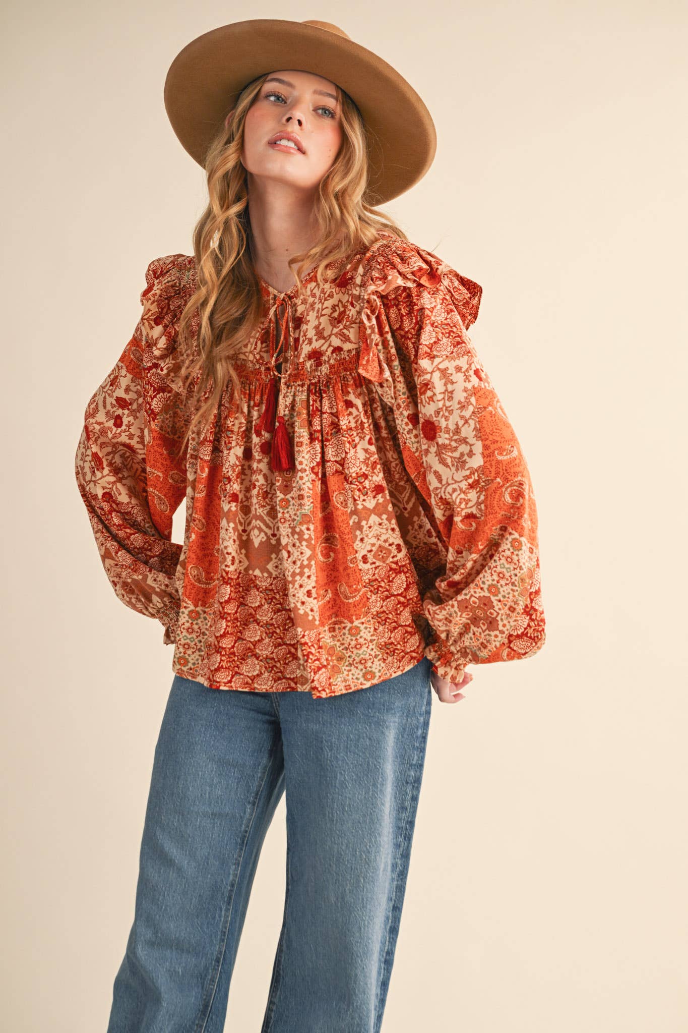 &MERCI - Wholesale Blouse - Women's - PATCHWORK PRINT SMOCKED RUFFLE BLOUSE MTP43509