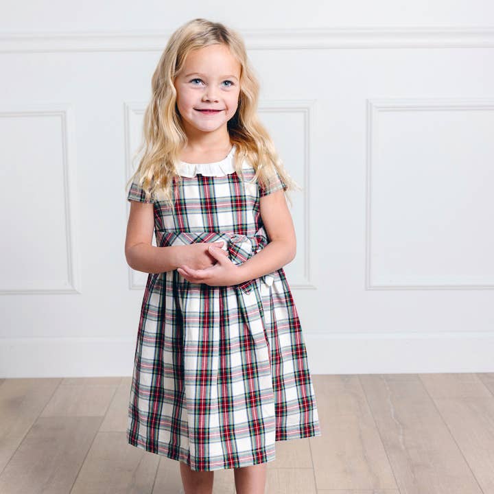 Ivory Holiday Tartan Ruffle Collar Organic Party Dress for wholesale on Faire