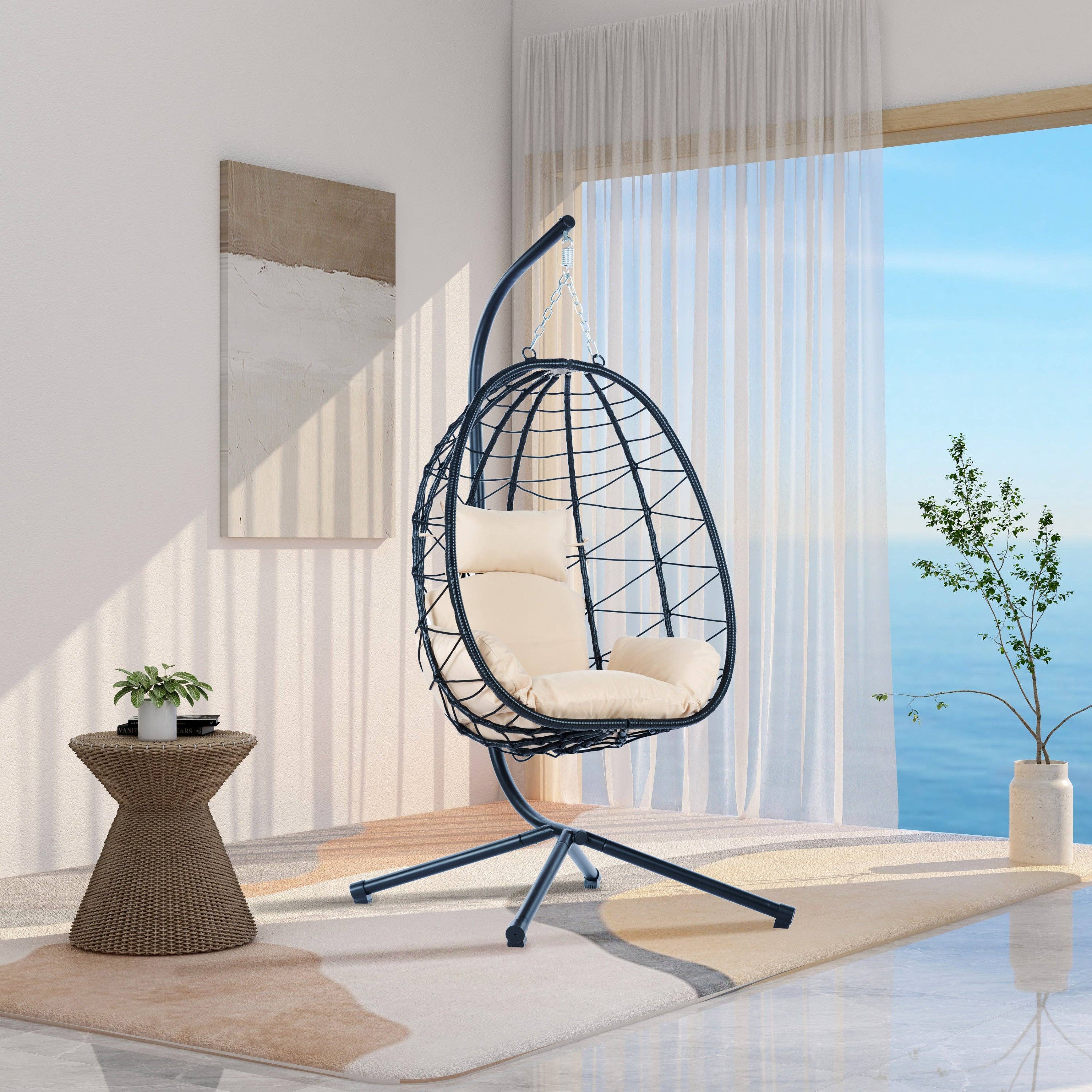 39F Inc. - Wholesale Egg Chair - Beige Wicker Hanging Egg Chair with Stand for Indoor Outdoor3