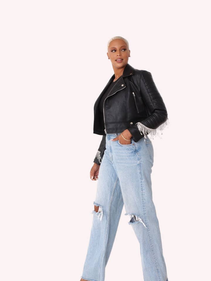 Cropped Leather Jacket with Fringe Details -82064 for wholesale by For Her NYC