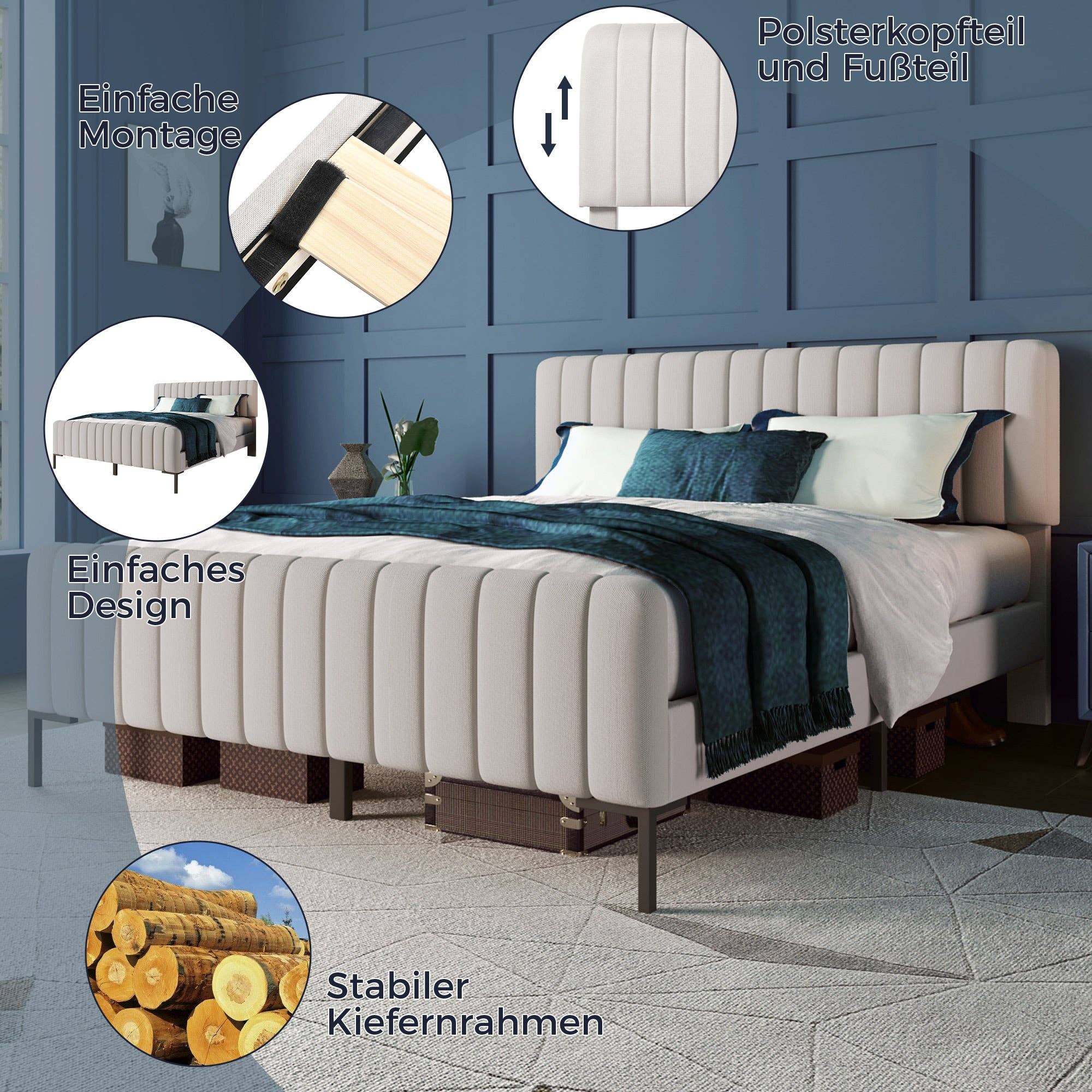 Urban Meuble – Engroshandel Seng – Polstret seng i grå-beige linned dobbeltseng ramme King 140x200cm EGMOID QUEEN8