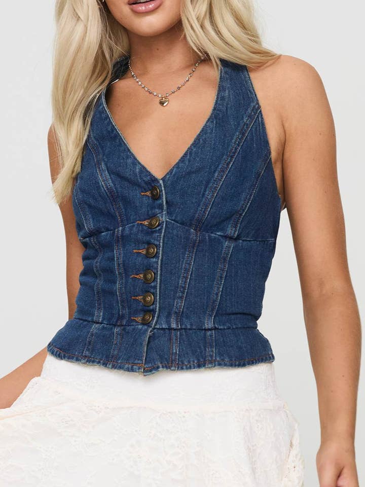 Hottie Tie String Button Halterneck Denim Vest for wholesale by Rosa Clothing