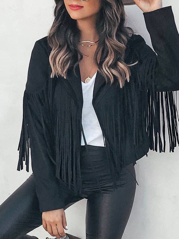 Plush Looks - Wholesale Jacket - Women's - Long Sleeves Solid Color Split-Joint Tasseled Lapel Jackets