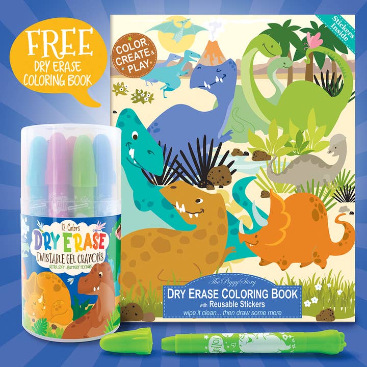 Dry Erase Gel Crayons with FREE Coloring Book | Dinosaur for wholesale by The Piggy Story
