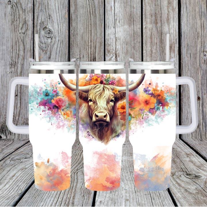 Highland Cow Watercolor Tumbler with Handle for wholesale by Crafting in Chaos