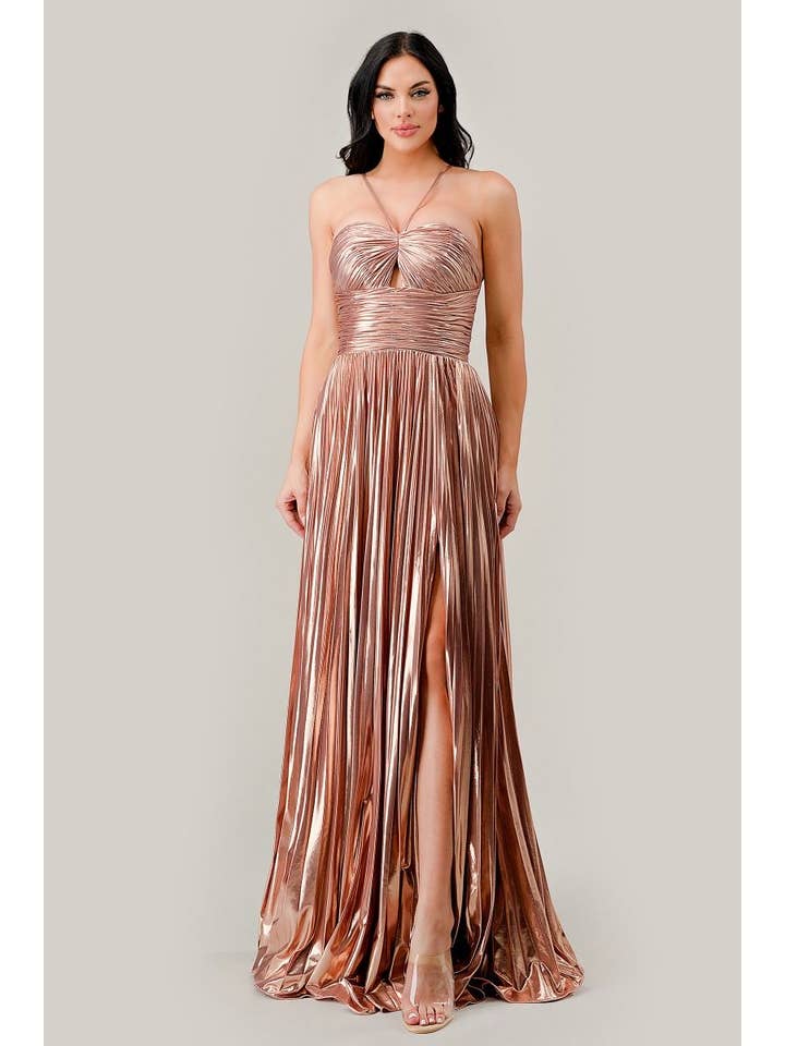 Tux-USA® - Wholesale Gown - Women's - Halter Pleated Lame' Metallic A-Line Gown