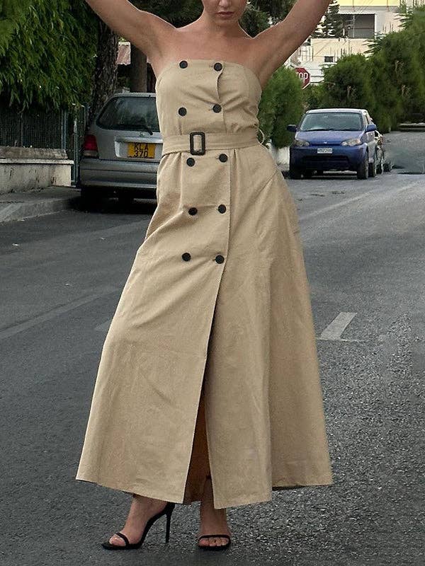 KHAKI A-Line Loose Belted Buttoned Tube Maxi Dresses for wholesale on Faire1